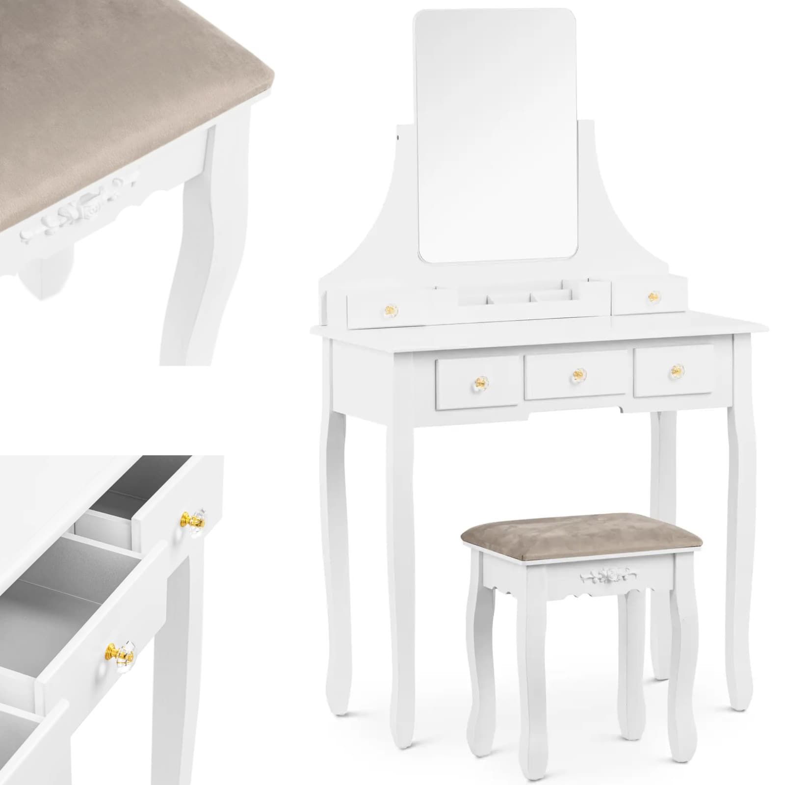 Toaletka kosmetyczna z lustrem taboretem organizerem 5 szuflad biała